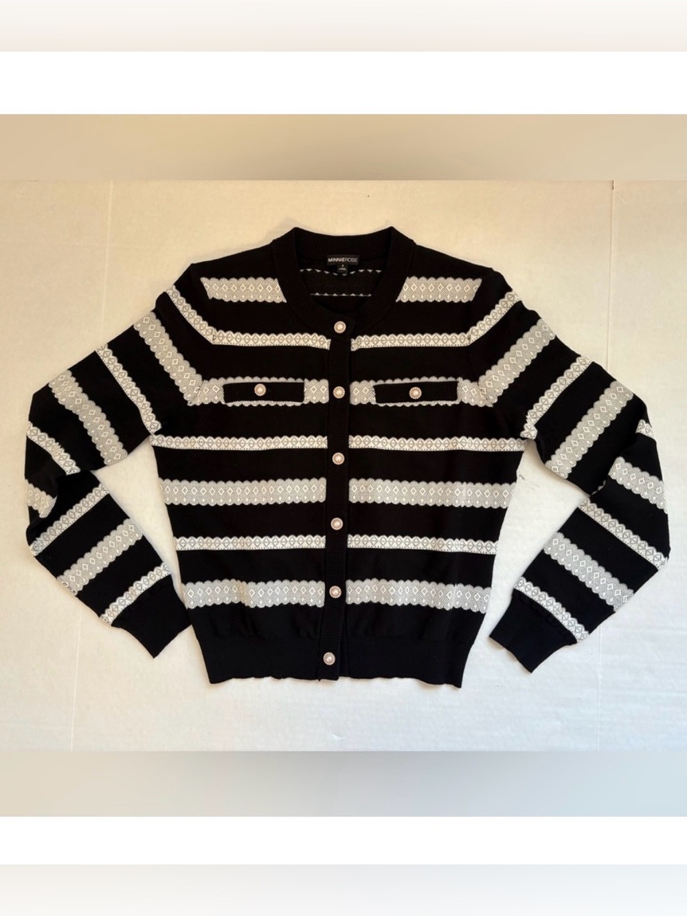 Minnie Rose Black White Striped Lace Pearl Button Cardigan Sweater Sz S Knit